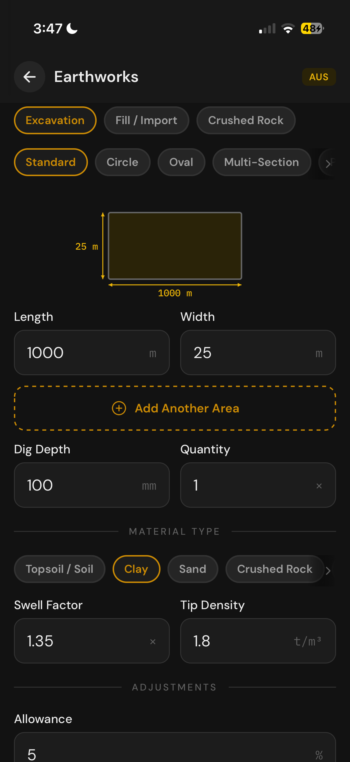 LandMate earthworks calculator with diagram