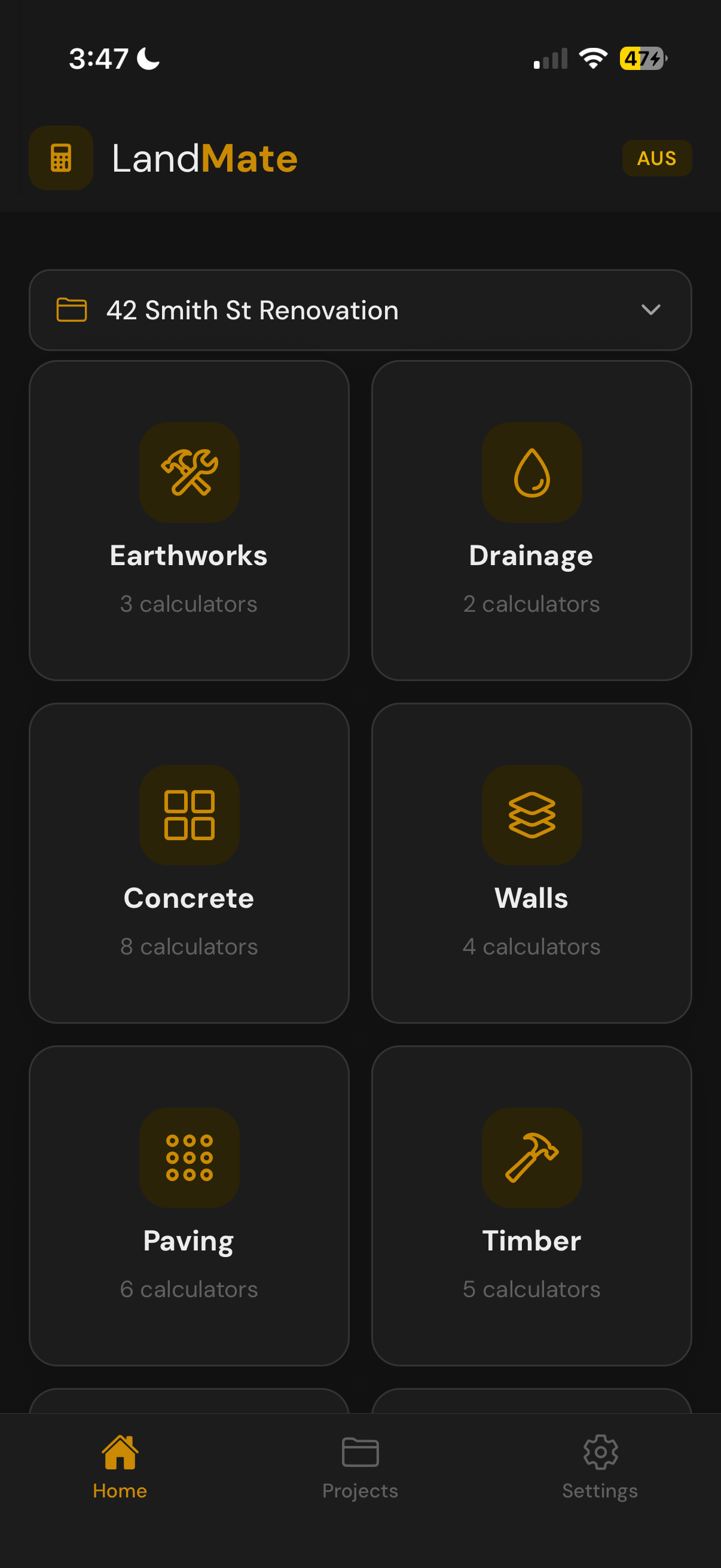 LandMate home screen showing calculator categories
