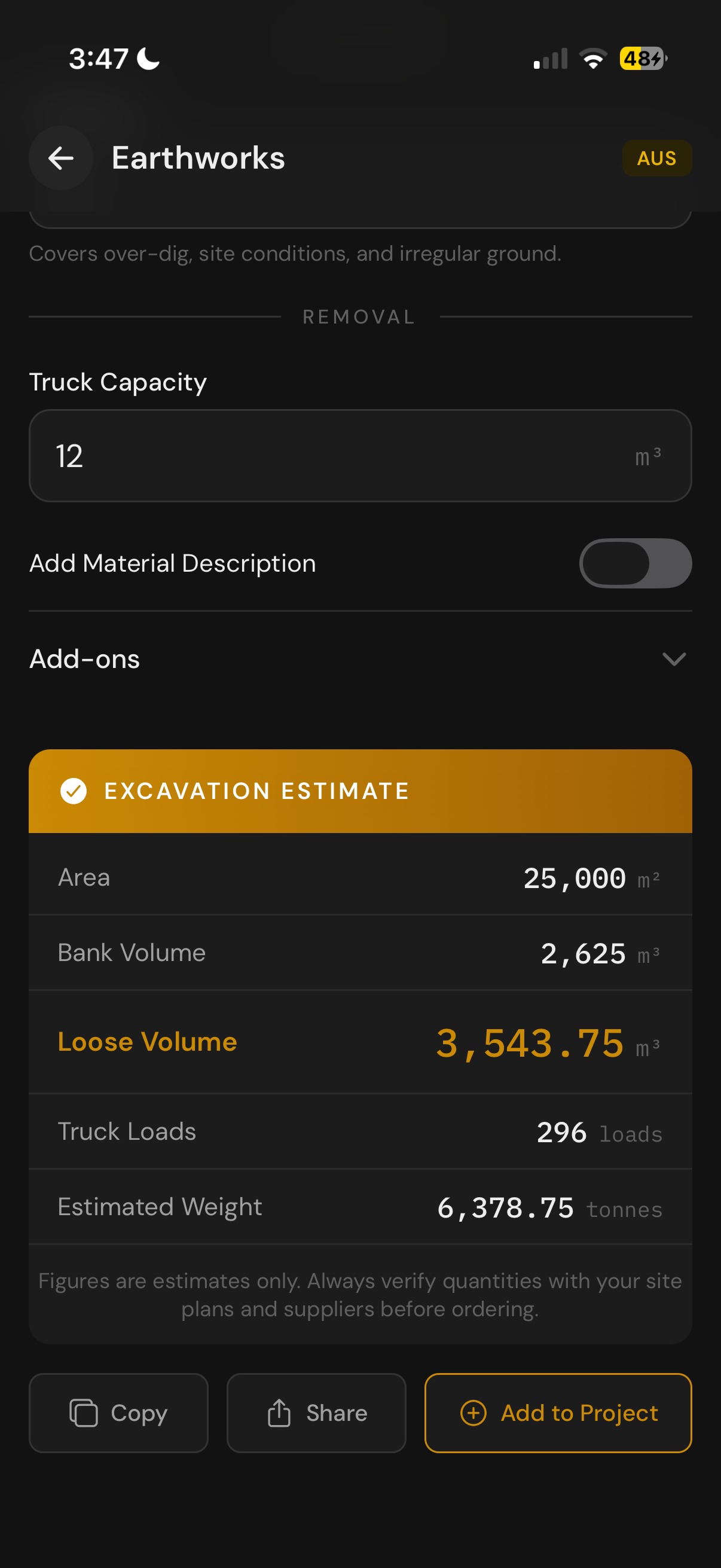 LandMate excavation estimate results